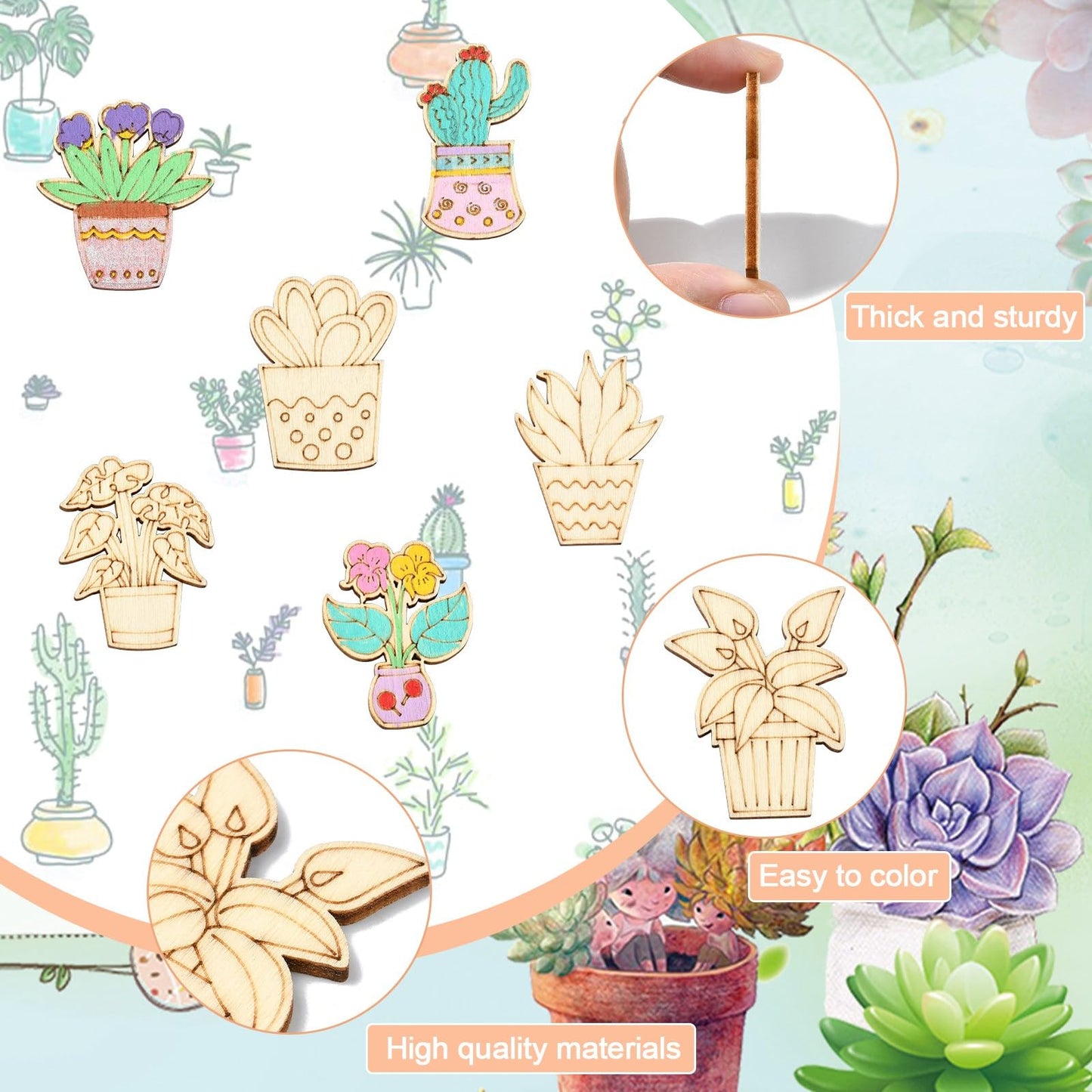 Gythara 100 pcs Mixed Styles Cactus Potted Theme Unfinished Wood Cutout Charms Tropical Desert Plant Flower Wood Slices for DIY Painting Art Craft Home Party Decor Embellishments