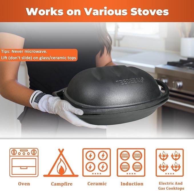 9.2 QT Heavy Duty Pre-seasoned Cast Iron Bread Pan, Large Loaf Dutch Oven with Lid, Sourdough Bread Baking Pan - Compatible with Ceramic/Cooktops/Ovens/Grill/Campfire - with lame, Flour Duster, etc