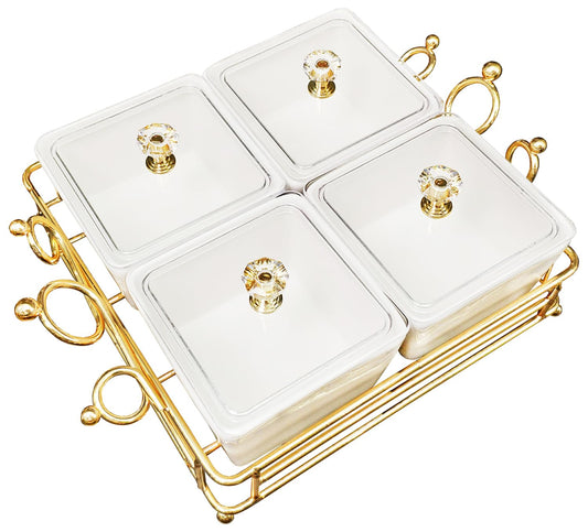 YA JU Ceramic Bowls and with Lid Gold Basket Trays, 4 Removable Small Bowls Condiment Trays Nut Serving Set for Snacks, Fruits, Candy and Condiments - Great for Parties, Holiday Gifts,White