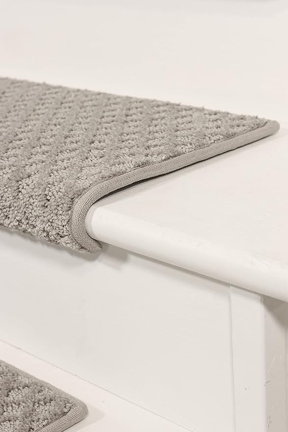 Oak Valley Designs™ Rounded Bullnose Carpet Stair Treads - Anti Slip Indoor Stair Mats for Wooden Stairs, Style: Bayside Charm, Light Grey 27" W X 9.75" D (Set of 14)