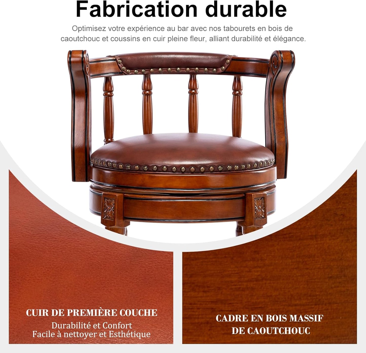 Cow top Leather Wooden Bar Stools, 360 Degree Swivel Bar Height Chair with Backs for Home Kitchen Counter, Morden Chair Barstools (Brown 1pc, Counter Height-Seat Height 26”)
