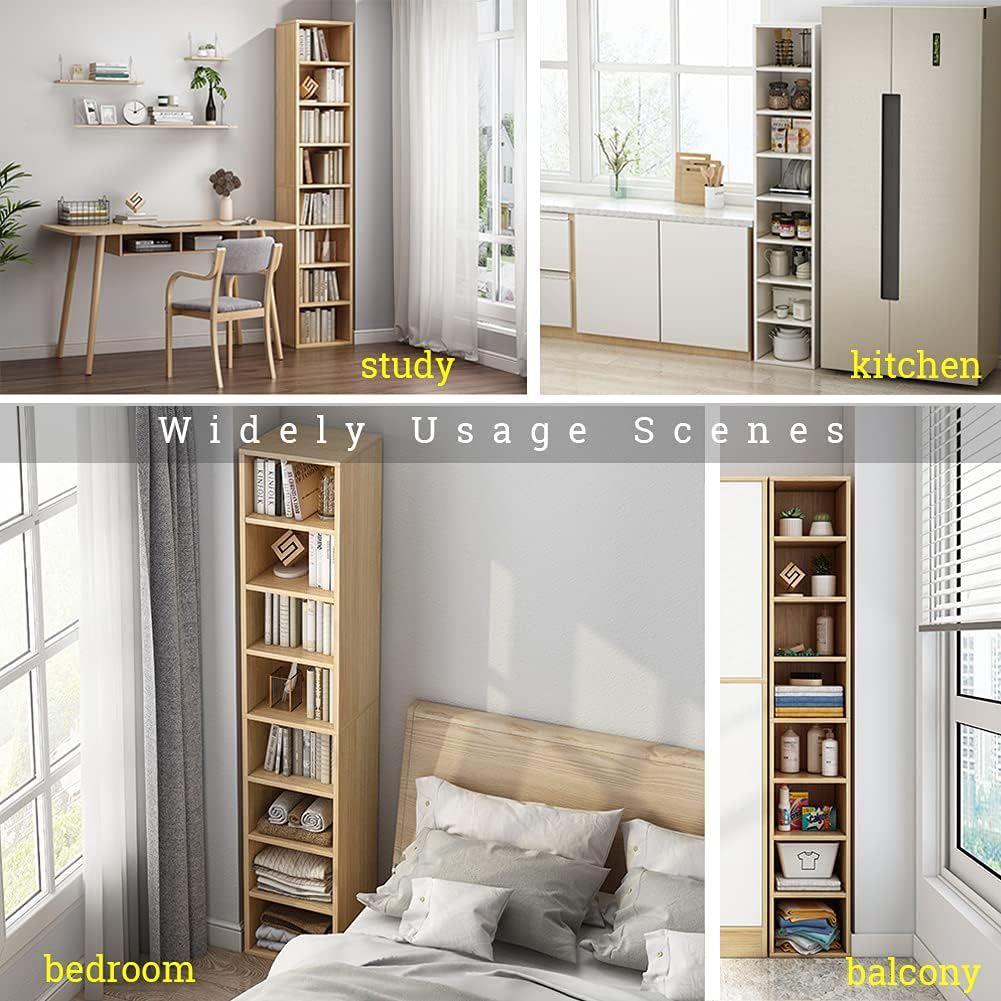 IOTXY Small Narrow Corner Bookcase - 59" Tall Free Standing Gap Storage Cabinet, 6 Lattices Open Shelves Tower Rack with Door, Cubes Bookshelf, White