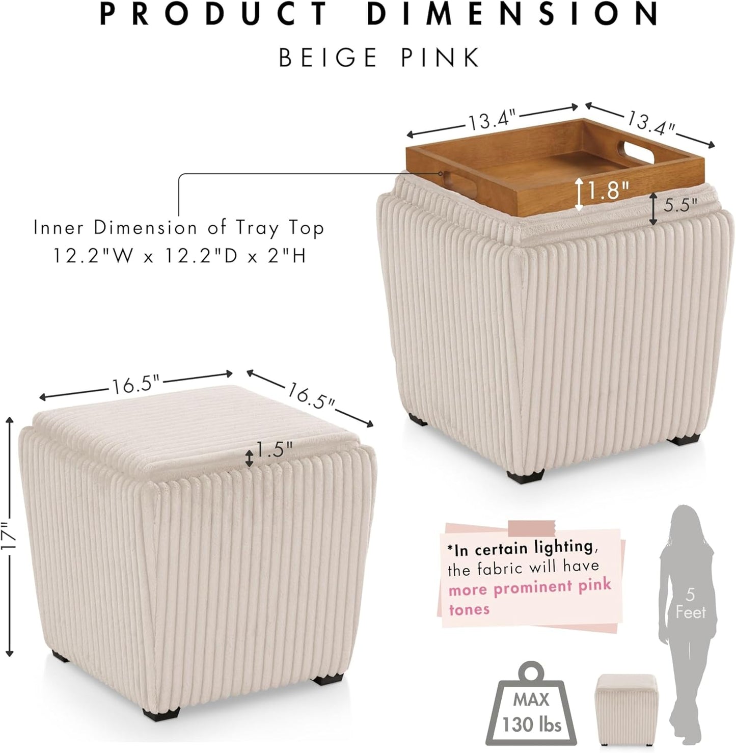 Furniture of America Lennox Modern Chenille 17-inch Square Storage Ottoman with Reversible Tray Top, Upholstered Footstool for Living Room, Bedroom, Entryway, Beige Pink