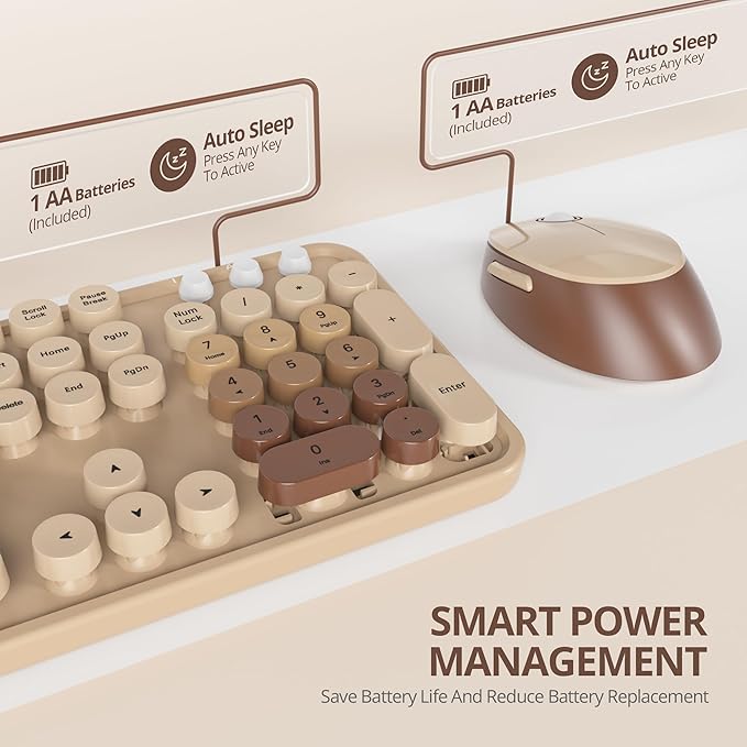 Owpkeenthy Brown Keyboard and Mouse Wireless, Cute Colorful Typewriter Keyboard Full-Sized with Number Pad Round Keycaps for Desktop, Laptop and Computer(Gradient Brown)