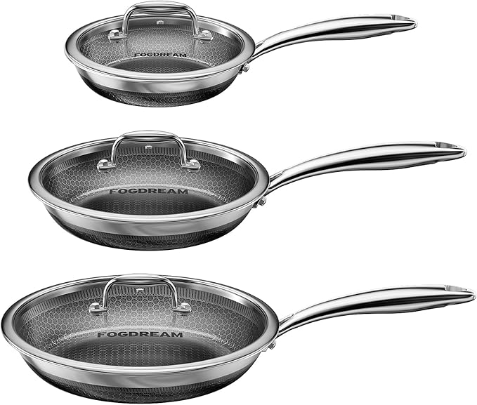 FogDream 3 Pcs Non Stick Frying Pans with 3 Lids, 8, 10 & 12 Inch Stainless Steel Skillets, Tri-Ply Stainless Steel for All Cooktops, Dishwasher & Oven-Safe Cooking Pan, Stay-Cool Handle, Silver