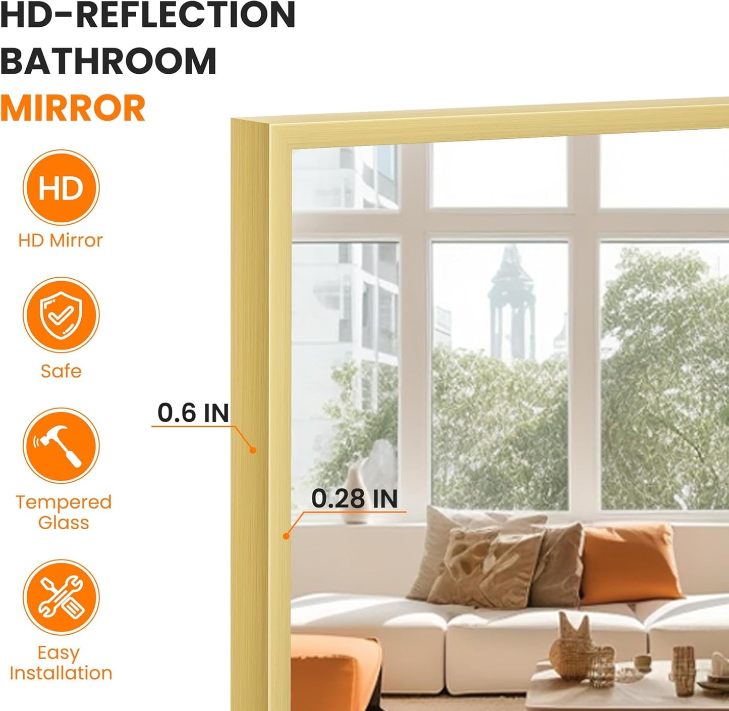 Bathroom Vanity Mirror for Wall, 36" x 24" Metal Framed Rectangular Bathroom Wall Mirror for Over Sink, HD Shatterproof Glass, Hangs Horizontally or Vertically(Gold)