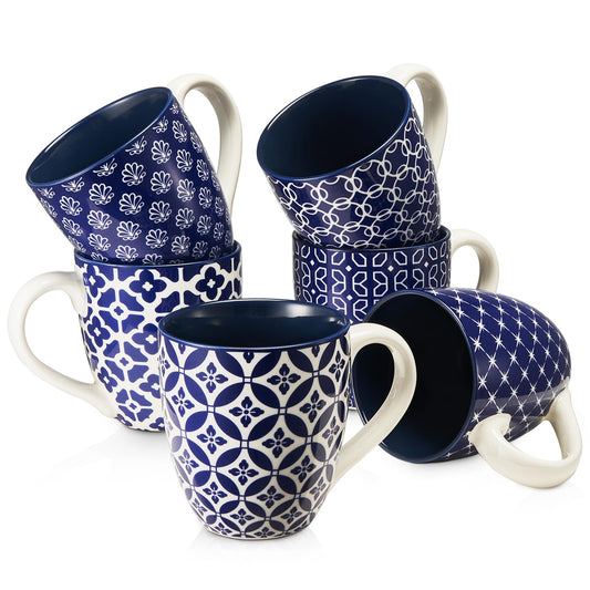 DOWAN Coffee Mugs Set of 6, 16 oz Large Porcelain Coffee Cups with Handle for Coffee Tea and Cocoa, Ceramic Coffee Mug for Women Men, Housewarming Wedding Gift, Vintage Blue