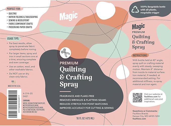 Magic Premium Quilting & Crafting Spray Bottle Fabric Spray for Cutting, Creasing, & Sewing Best Press Spray Starch for Quilting to Flatten Seams & Wrinkles Wrinkle Spray (16oz Trigger)