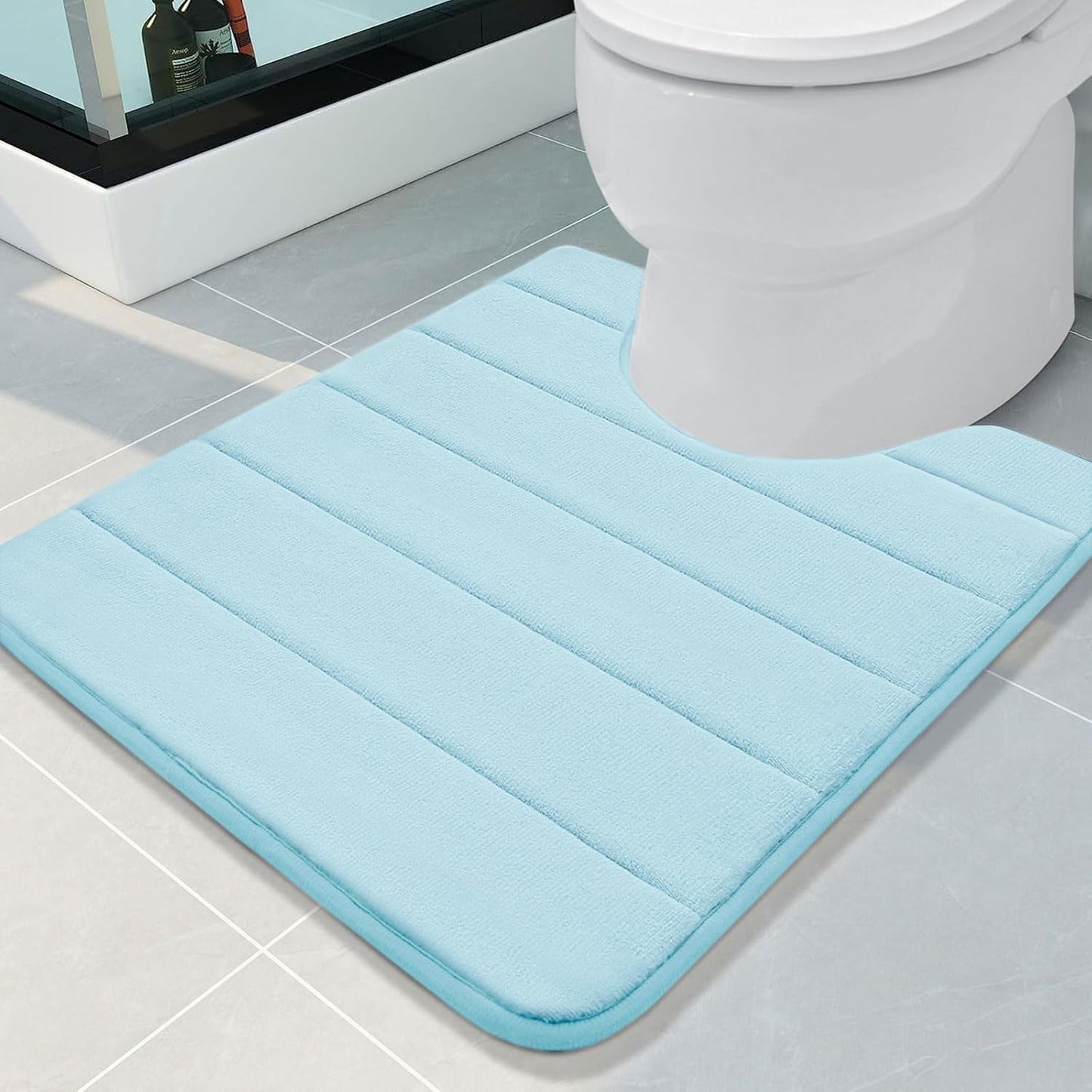 Buganda Memory Foam U-Shaped Contour Toilet Rugs, Non Slip Absorbent, Thick Soft Washable Bathroom Mat, Floor Carpet Bath Rugs Mat for Toilet Base (24" x 20", Light Blue)