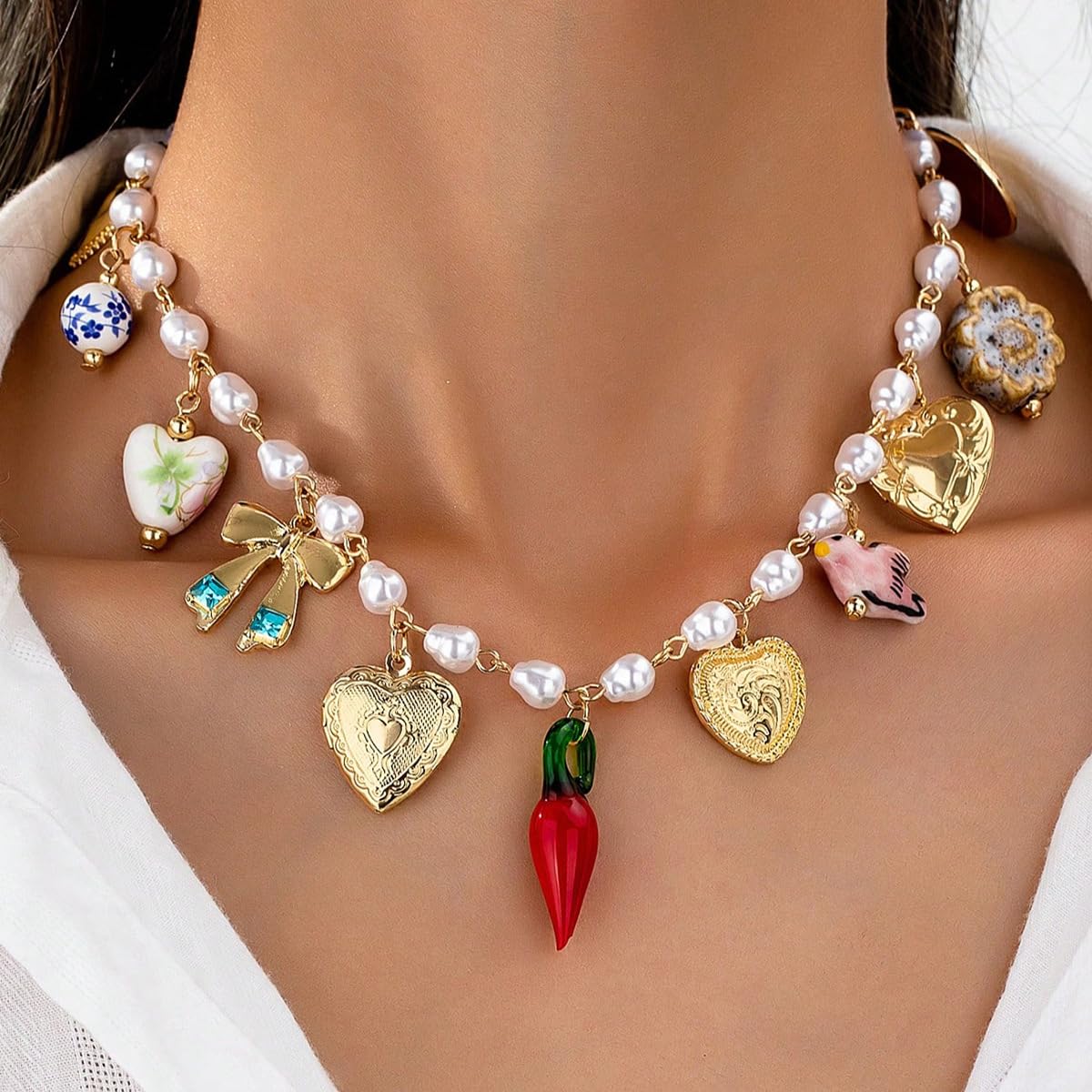 BlingNook Gold Charms Necklace For Women, Colorful Charm Beachy Fish Conch Seashell Heart Pepper Cool Ocean Layered Stackable Summer Holiday Jewelry (Gold Fish)