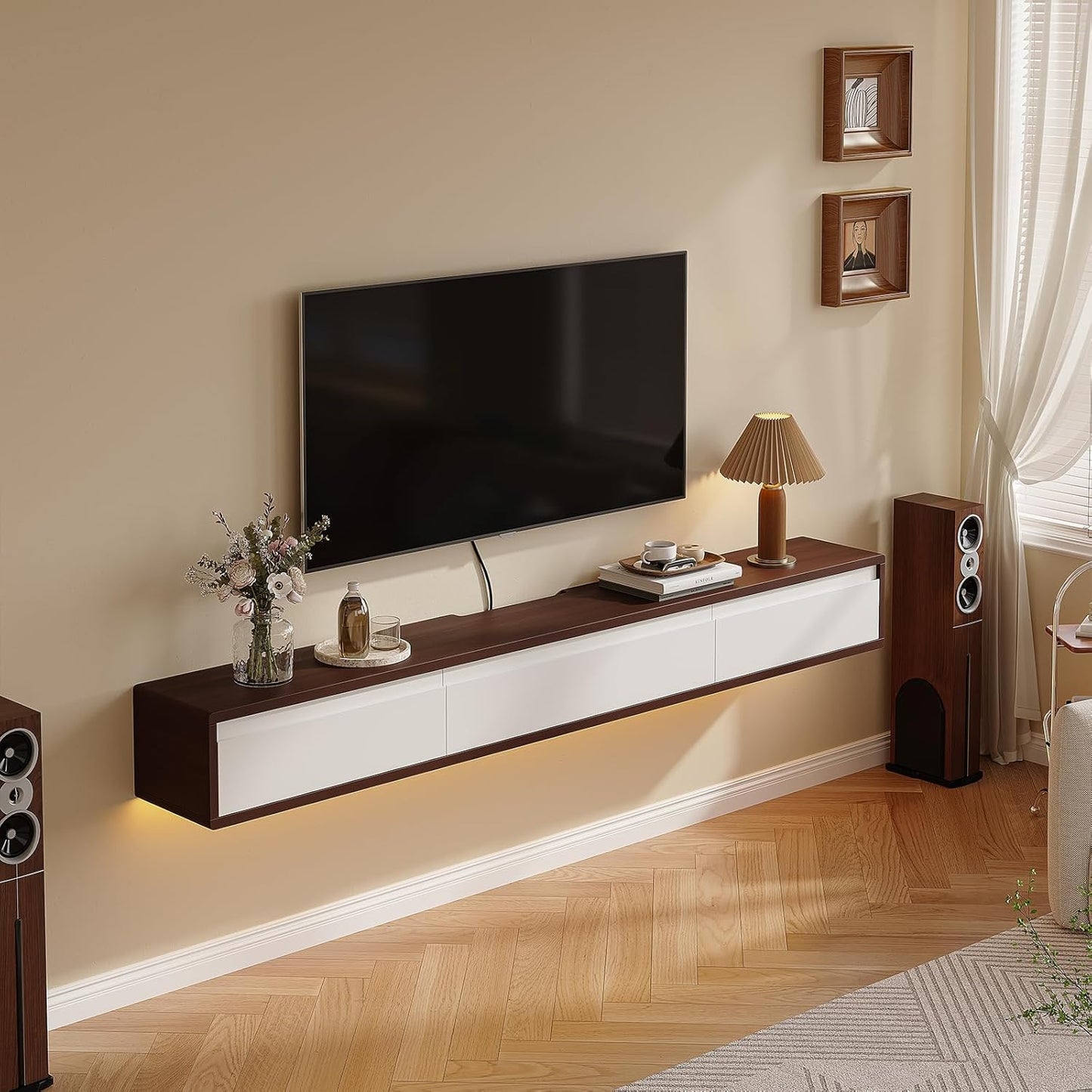 Floating TV Stand High Gloss,86'' Wall-Mounted TV Cabinet,Floating TV Console,Under TV Shelf with 3 Doors for Living Room Bedroom(Walnut+White)