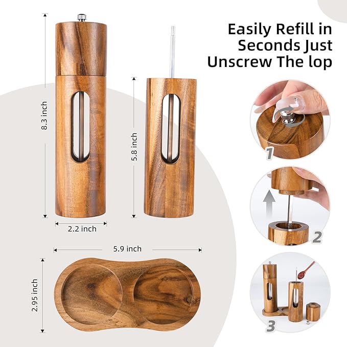 Acacia Wood Salt and Pepper Grinder Set with Base, Refillable Wooden Pepper & Salt Mill with Adjustable Ceramic Grinder for Kitchen & Dining