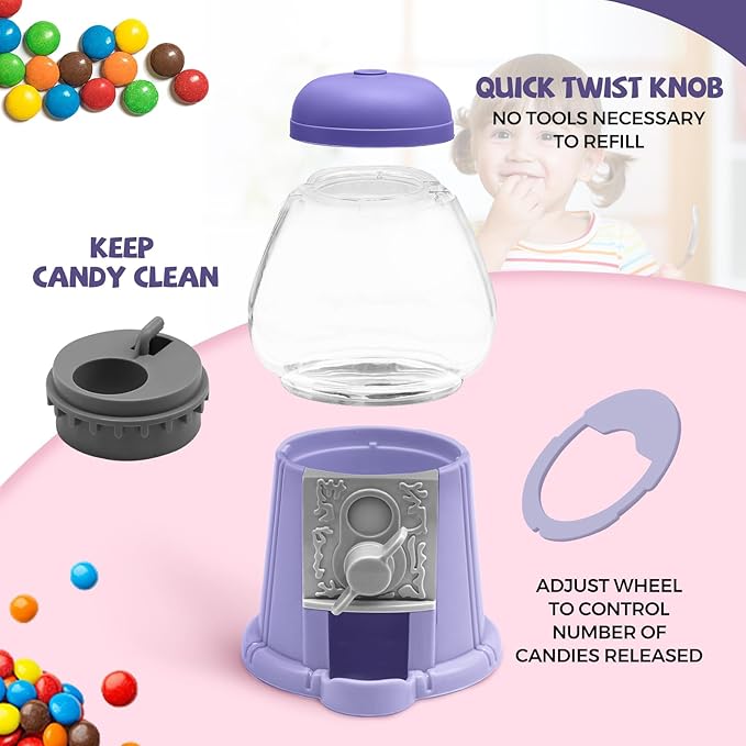 Heleeron Mini Gumball Machine Food Candy Dispenser for Kids,Vintage-Style Bubble Gum Machine (2 units-pink and purple)