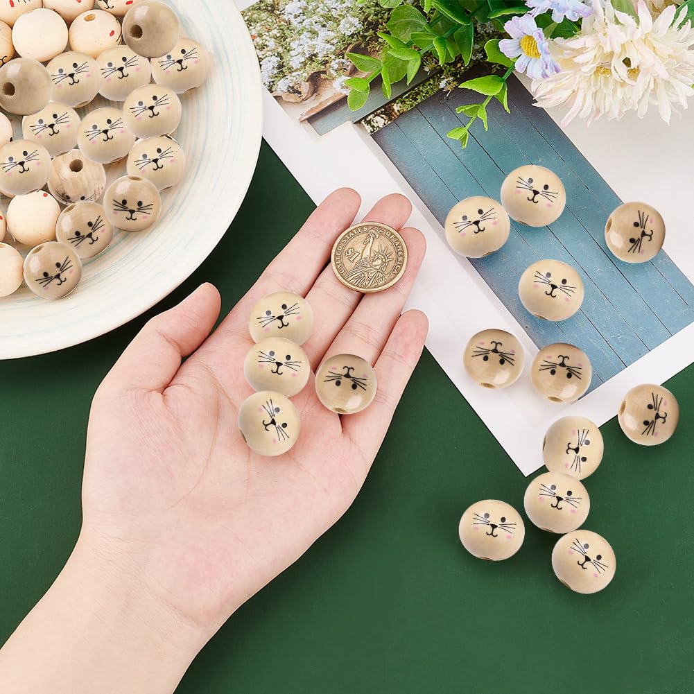PH PandaHall 60pcs Cat Face Wooden Beads 18mm Painted Beads Farmhouse Wooden Beads Spacer Beads Loose Round Beads for DIY Crafts Home Party Hanging Decoration Festival Easter