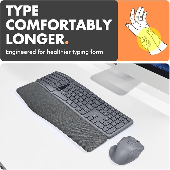 X9 Split Ergonomic Keyboard Mouse Wireless Combo - Type Comfortably Longer - 2.4G/Bluetooth Ergo Keyboard Mouse Wireless, Silent Keys, Wrist Rest, Multi-Device, Rechargeable for Laptop, PC, Mac - Gray
