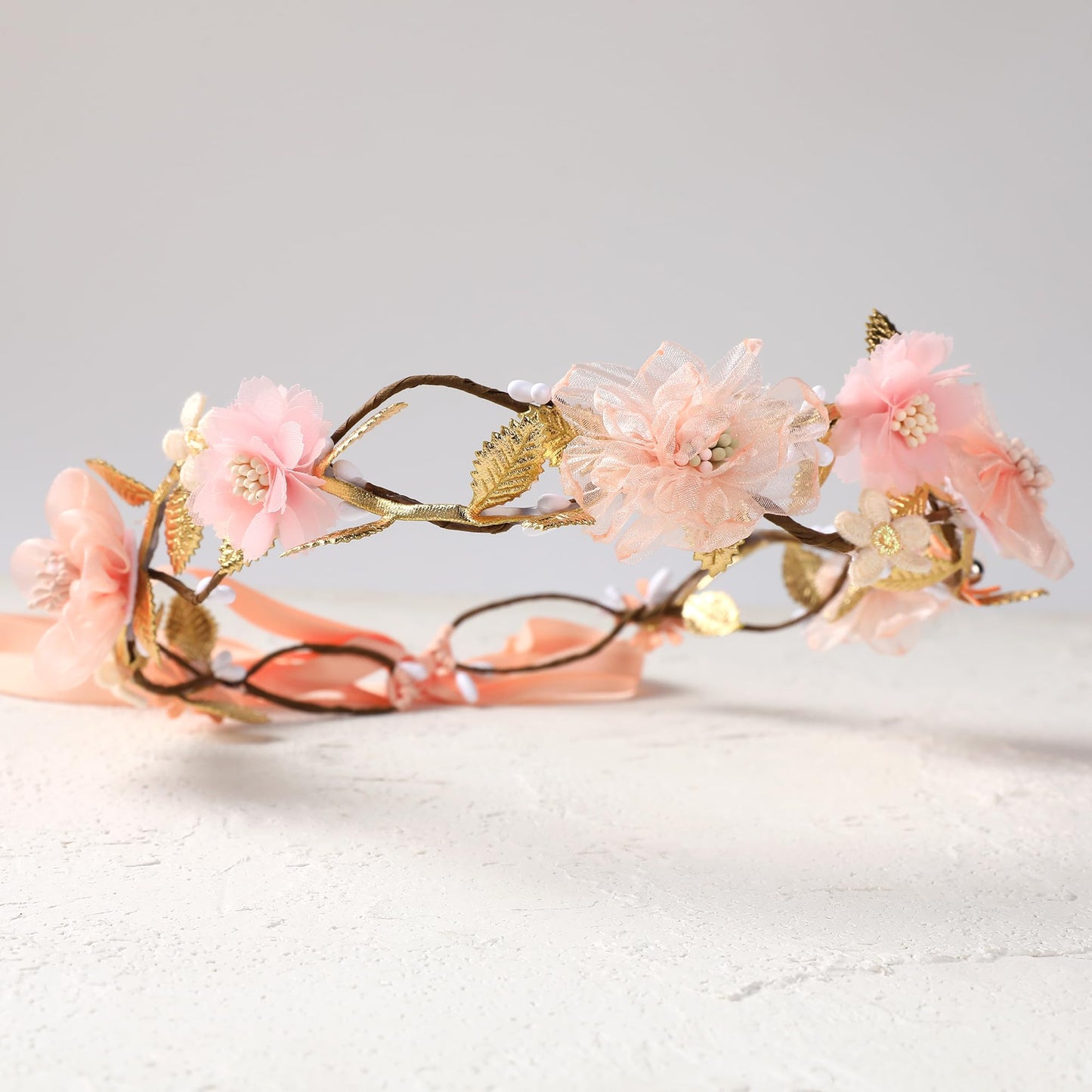 KorViSHOW Pink Flower Crown Headband - Floral Headband for Women Floral Girl Headpiece Fairy Flower Renaissance Hair Accessory for Girls Women Birthday Wedding Party Photo Props