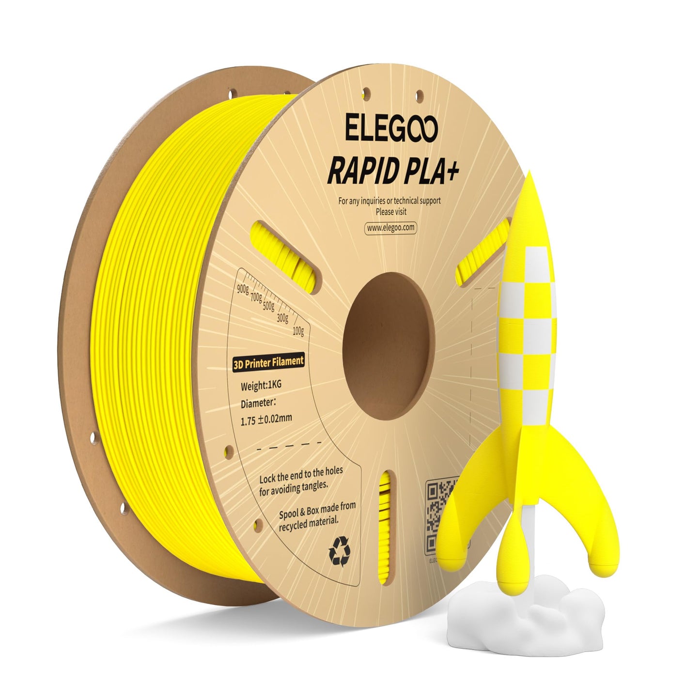 ELEGOO Rapid PLA Plus Filament 1.75mm Yellow 1KG, PLA+ 3D Printer Filament for 600 mm/s High Speed Printing, Dimensional Accurac