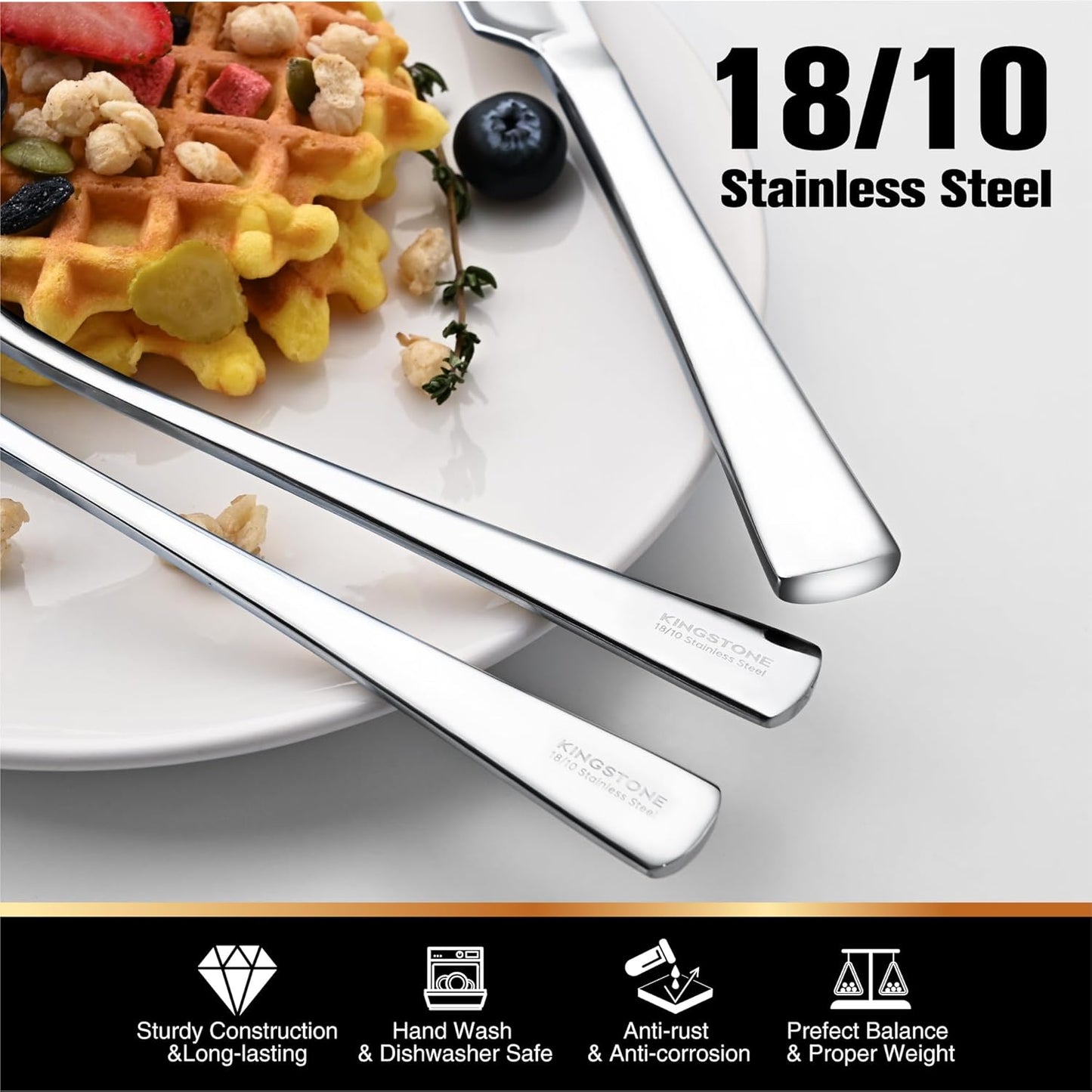 KINGSTONE 18/10 Stainless Steel Flatware, 20-Piece Forged Silverware Set for 4, Mirror Polished Cutlery Set Dishwaher Safe for Home, Restaurant, Wedding, Party