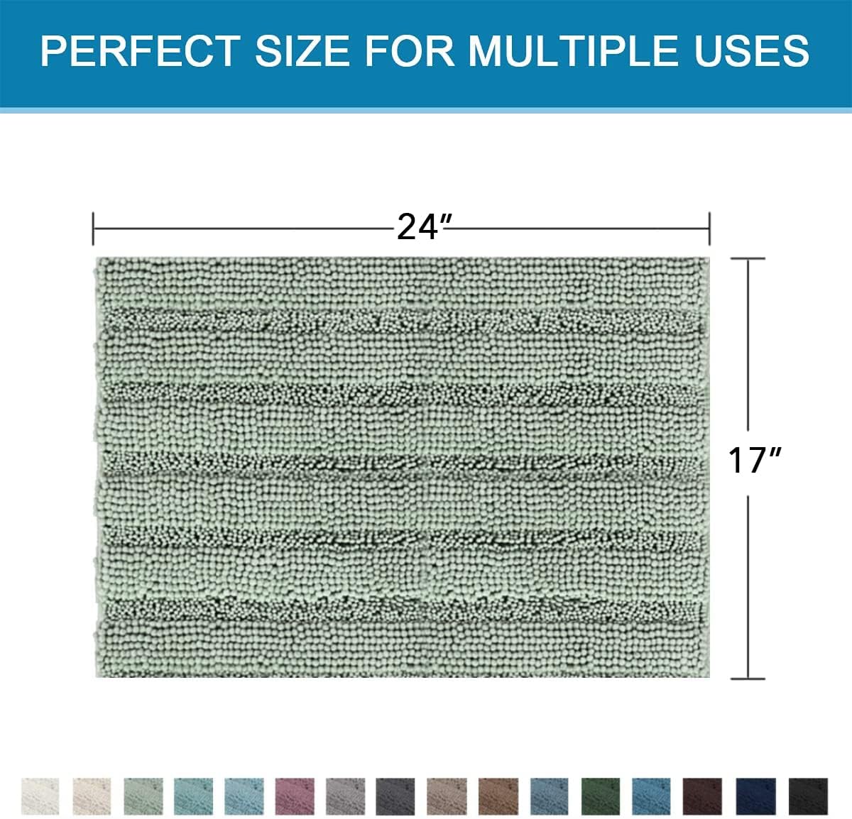 H.VERSAILTEX Bath Mats for Bathroom Non Slip Thick Chenille Striped Bath Rug Absorbent Fluffy Soft Shaggy Rugs Washable Dry Fast Plush Mats for Indoor, Bath Room, Tub - 17" x 24", Sage