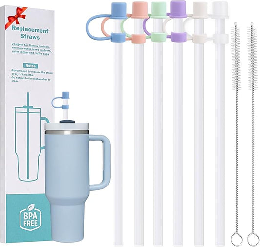 6 Plastic Straws Reusable for Stanley Tumbler 30 oz 40 oz, 12 Inch Straight Replacement Straw with 6 Colorful Straw Covers, 2 Cleaning Brushes for Stanley Cup Accessories