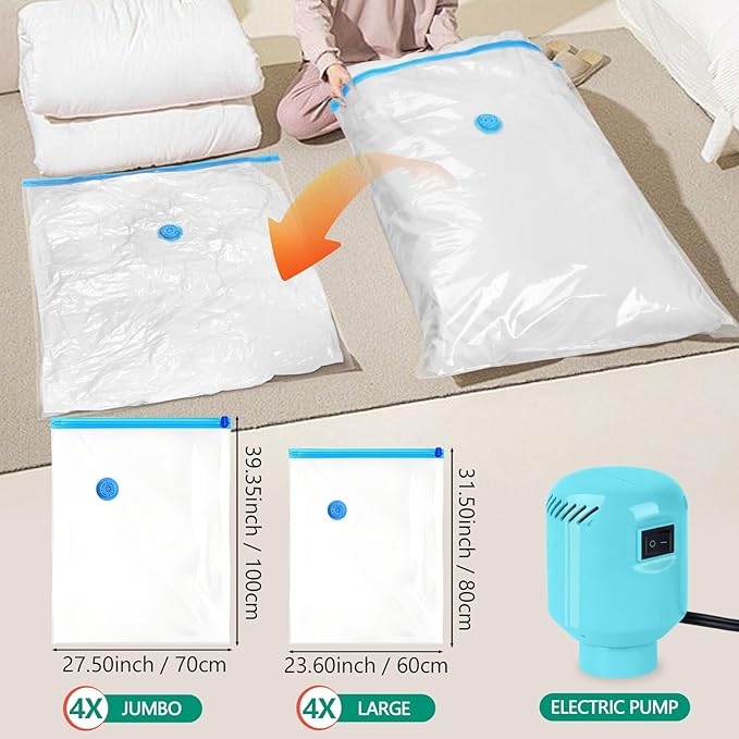 Morecoo Vacuum Seal Bags for Clothing, 8 Pack Vacuum Storage Bags (4 Jumbo/4 Large) with Electric Pump, Packing Cubes Compression Space Saver for Comforters, Blankets - Travel Essentials