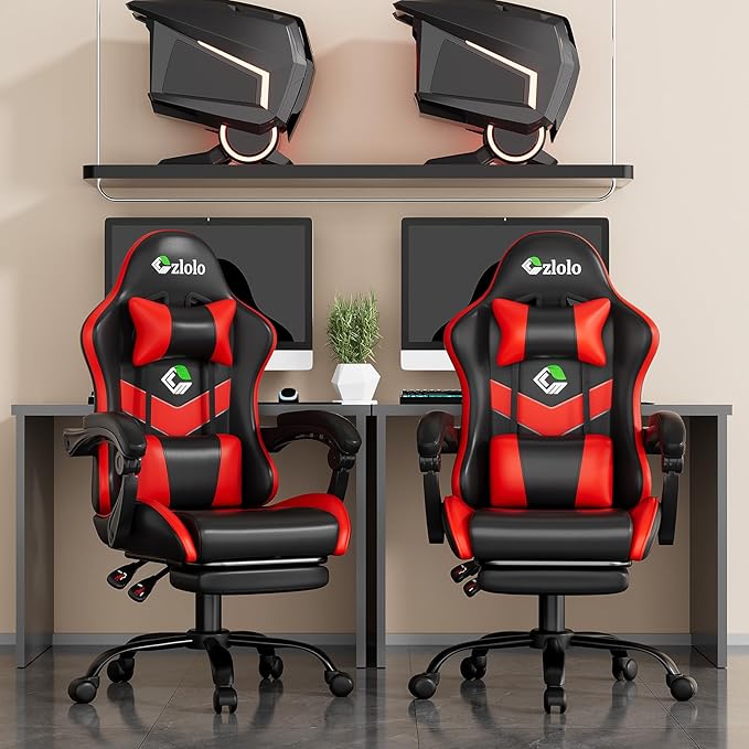Gaming Chair with Footrest Racing Style Lumbar Support Massager Video Game Chair with Metal Legs, High Back Gamer Chair with Headrest, 360° Swivel Office Computer Desk Chair, Bright Red
