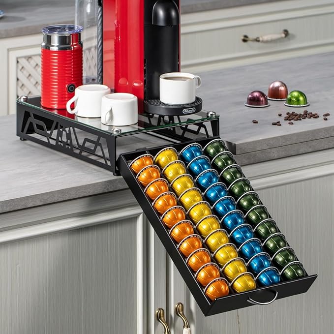 FlagShip Vertuo Pod Holder- Modern Glass Top Coffee Capsule Organizer & Space-Saving Pod Storage for Coffee Machines, Generous 40 Vertuo Pods Capacity