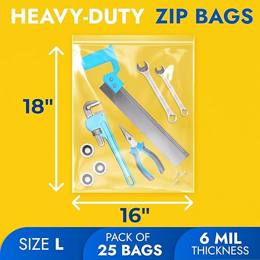 16" x 18" Extra Large Zip Seal Lock Bags, 6 Mil (Pack of 25) – Heavy-Duty Reclosable Plastic Bags – Clear, Resealable, Waterproof – For Storing Clothes, Jewelry, and Travel Items