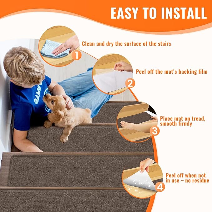 Stair Treads Non-Slip for Wooden Steps, 4Pack - 8" x 30" Edging Stair Runner Indoor for Kids Elders & Pets, Washable Carpet Stair Treads with Peel & Stick Reusable TPE Backing, Brown