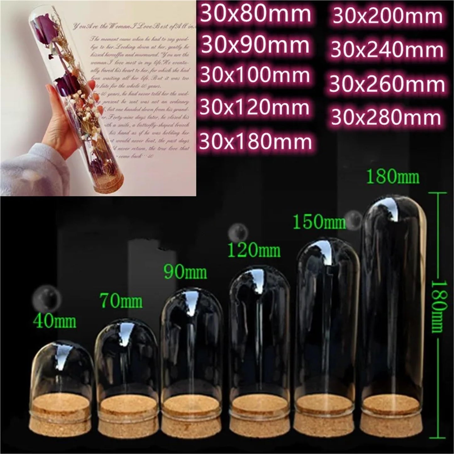10X Da30mm Glass Bottle Terrarium Jar Cork Base Dome Dust Cover DIY Specimen Succulent Plant Micro Landscape Flower Vase Display(30x90cm)