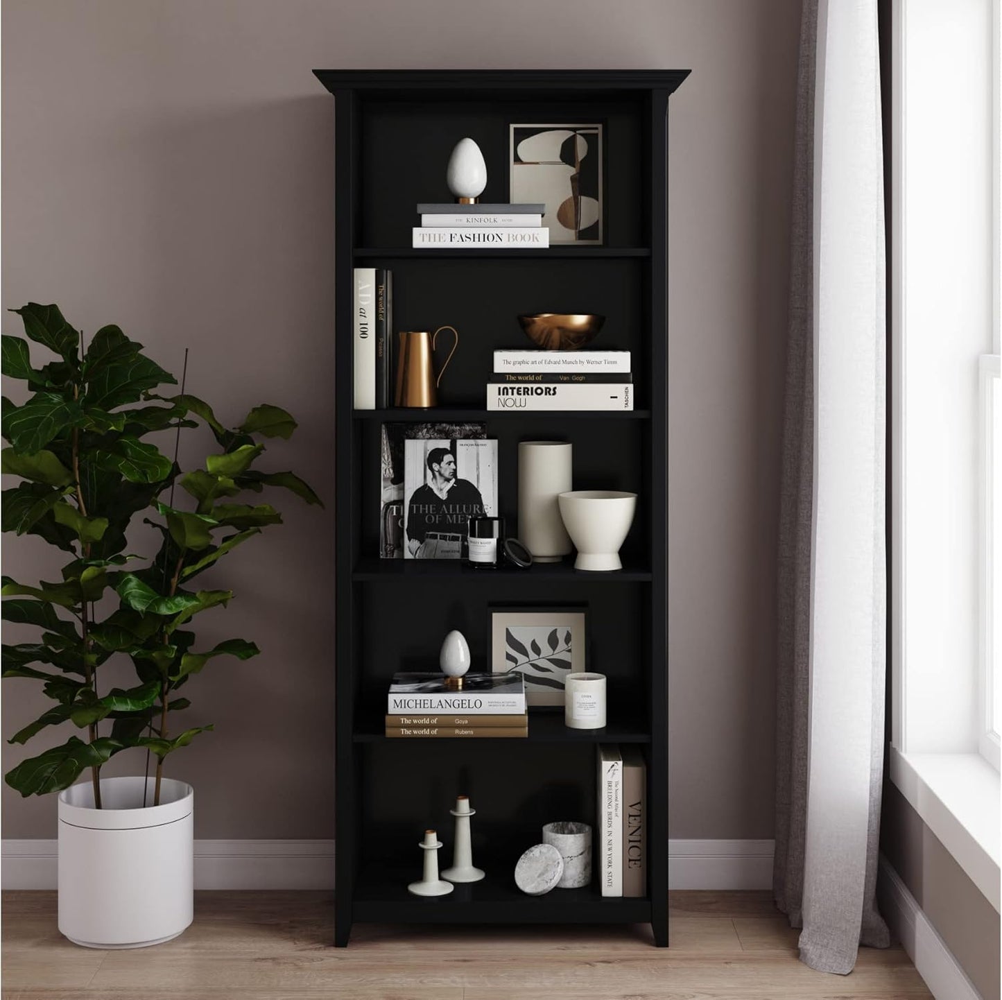SIMPLIHOME Amherst Bookcase - 70 inch Tall 5-Shelf Solid Wood Bookshelf in Black, Transitional Storage for Living Room, Study Room or Office with Adjustable Shelves and Tapered Legs