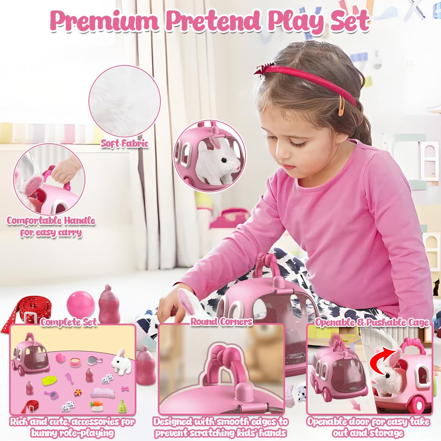 STAY GENT Plush Bunny Toy for Kids Girls, Hopping Walking Ears Wiggling Electric Rabbit, Feeding Interactive Pets Bunny Toys & Cage Easter Accessories Birthday Xmas Gifts for Toddlers 3 4 5 6