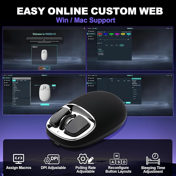 YUNZll C1 Silicone Wireless Mouse, Tri-Mode 2.4G/USB-C/Bluetooth Mouse, 4800 DPl Optical Tracking, 6 Adjustment Levels,Customize Mice for Laptop, Computer, iPad, MacBook (Black Silver)