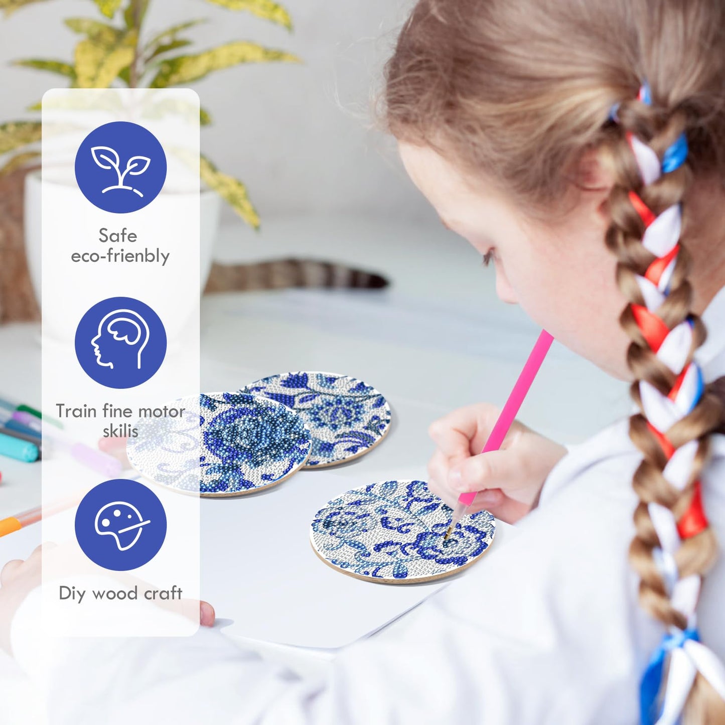 INCOK Blue Flower Diamond Art Coasters - 8 Pcs Diamond Painting Coasters Kits with Cork Base Home Table Decor DIY Crafts Party Supplies Mother's Day Birthday Gift for Adult Beginners