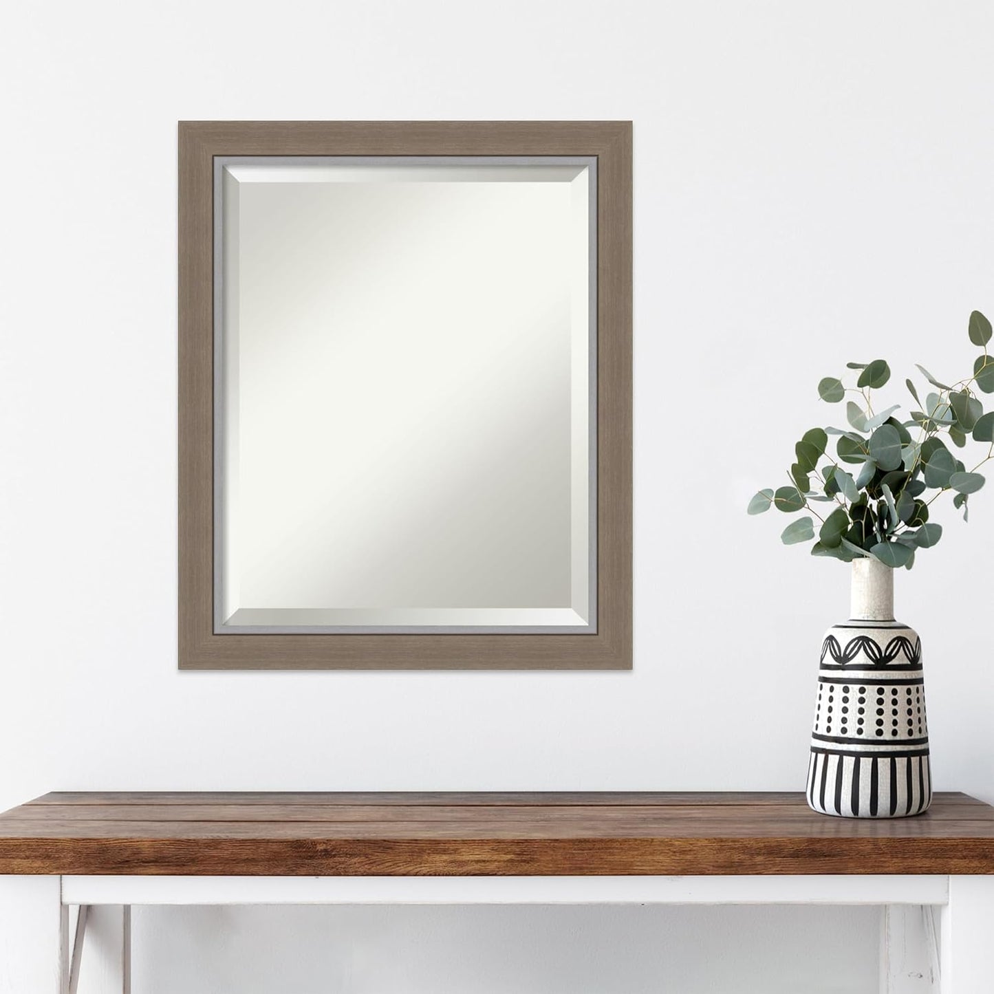 Amanti Art Brown Wall Mirror 23x19 Eva Brown Narrow Rectangle Bathroom Mirror for Wall Decor Living Room, Small Country Rustic Frame, Hangs Horizonally and Vertically, Bathroom Decor, Beveled Edge