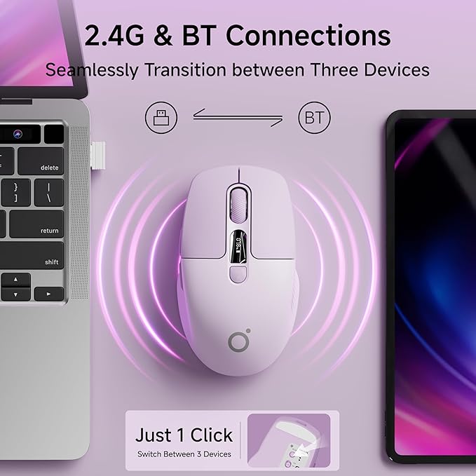 EWEADN Q1 Wireless Mouse, BT & 2.4G Silent Mouse Quiet Click with 1600 DPI Levels, Battery & DPI LED Screen Display, 6 Button Small Portable Bluetooth Mouse for Laptop/PC/Mac-Purple