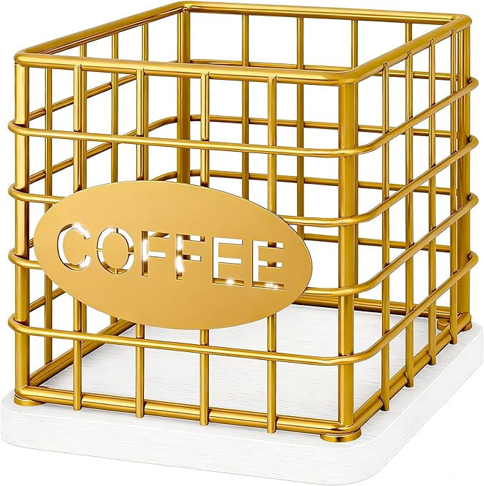 Coffee Pod Holder for K Cup, Large Capacity Coffee Pod Organizer, Versatile Coffee Capsule Storage Basket with Wooden Base, Gold and White KH10DW