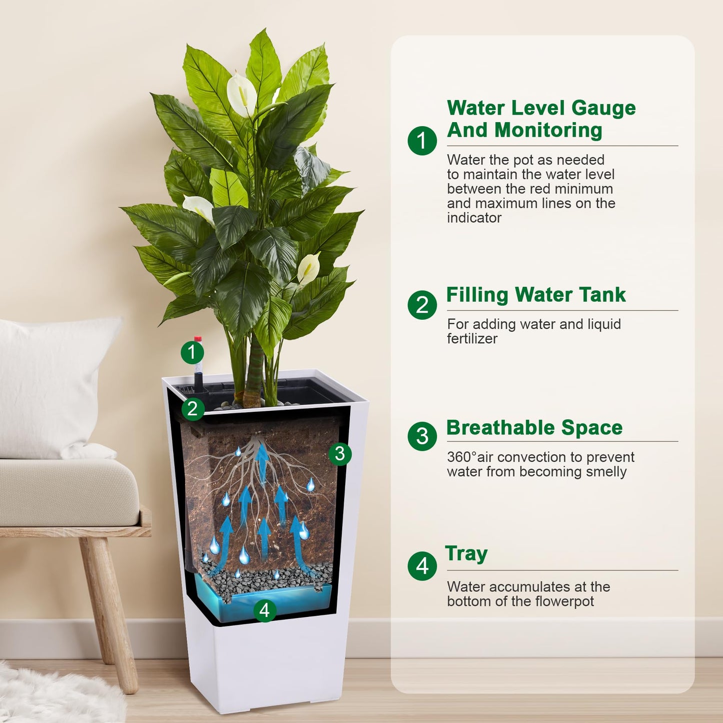 Takywep Tall Planter Self-Watering Set of 2, 22.4 Inch Wicker Rattan Plant Pots with Drainage, Water Level Monitor & Wheels, Large Outdoor Indoor Flower Pot for Porch, Front Door & Patio,White