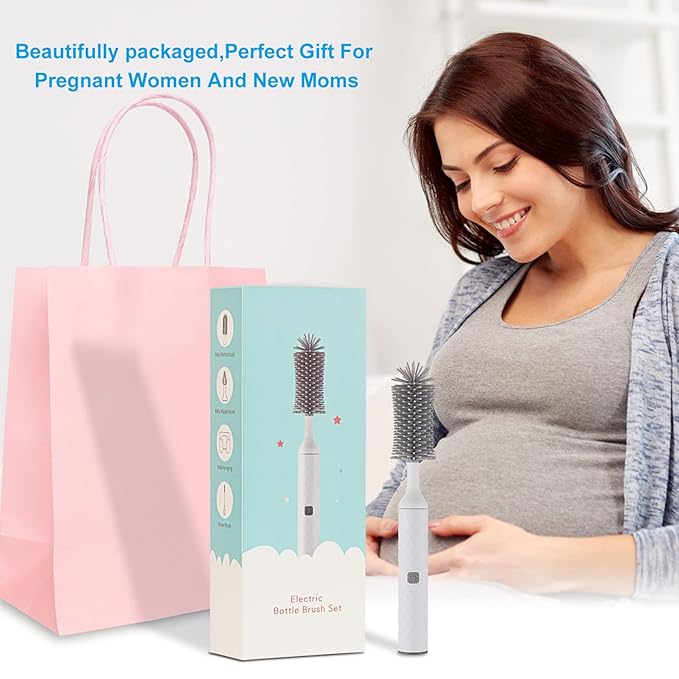 Rechargeable Electric Bottle Brush Cleaner Set with 3 Piece Silicone Baby Bottle Brush Cleaner and Straw Cleaner Brush,BPA Free,Waterproof,Perfect Baby Registry Gift,White