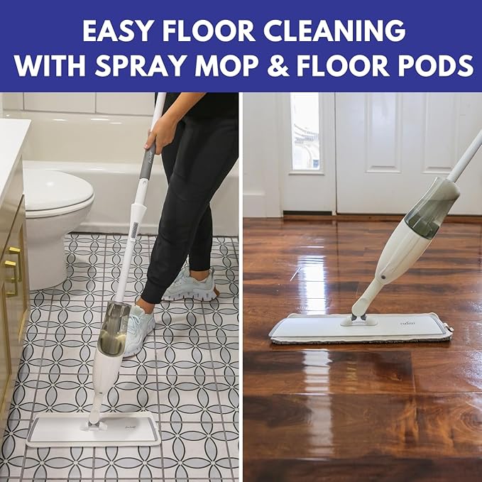 Don Aslett's Spray Mop Plus+ for Floor Cleaning| 360° Rotatable Head | Reusable Microfiber Pad | Rubber Scraper | Refillable | Cleaning Pods | All Floor Types Including Laminate, Hardwood, Tile