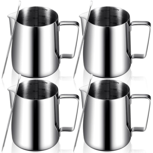 Dandat 4 Pcs Milk Frothing Pitcher 12 oz Espresso Steaming Pitcher Milk Frother Cup with Latte Art Pen Stainless Steel Coffee Bar Espresso Machine Accessories Cappuccino Barista Tools