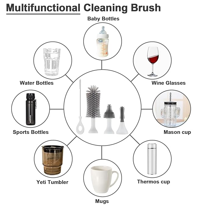Cleaning Brush Set with USB Rechargeable Electric Bottle Brush, 3-Piece Replaceable Silicone Bottle Brush and 8 * 12 inch Silicone Drying mat,Straw Brush Included in Storage Box(White)