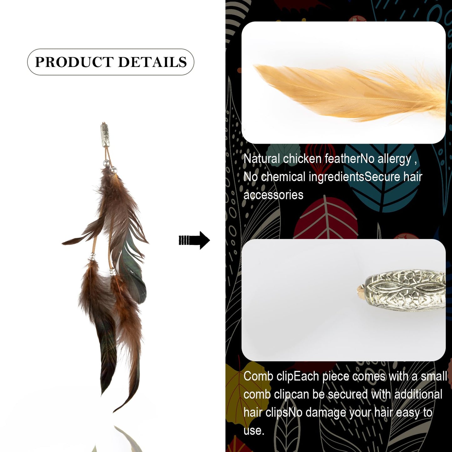 ICYANG Women Feather Hair Clips, 6 Pieces Handmade Boho Hippie Hair Extensions with Clip DIY Viking Hair Accessories Headdress