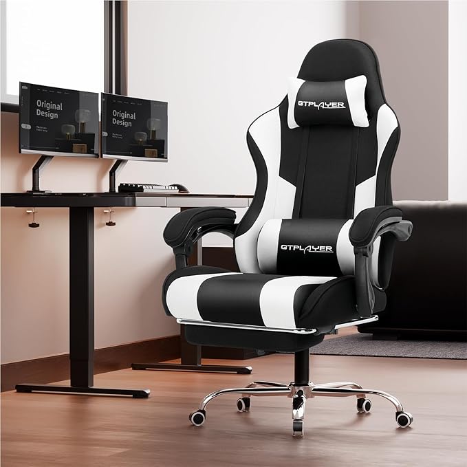 GTPLAYER Gaming Chair, Computer Chair with Footrest and Lumbar Support, Height Adjustable Game Chair with 360°-Swivel Seat and Headrest and for Office or Gaming (Fabric, Black White)