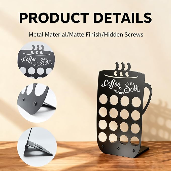 Metal K Cups Coffee Pod Holder, 19 Pods Holder Display,Coffee Bar Organizer for Home ,Kitchen,Office or Workspace, Black frosted Capsule Storage | Stylish Lettering Decor (Coffee Warms Soul)