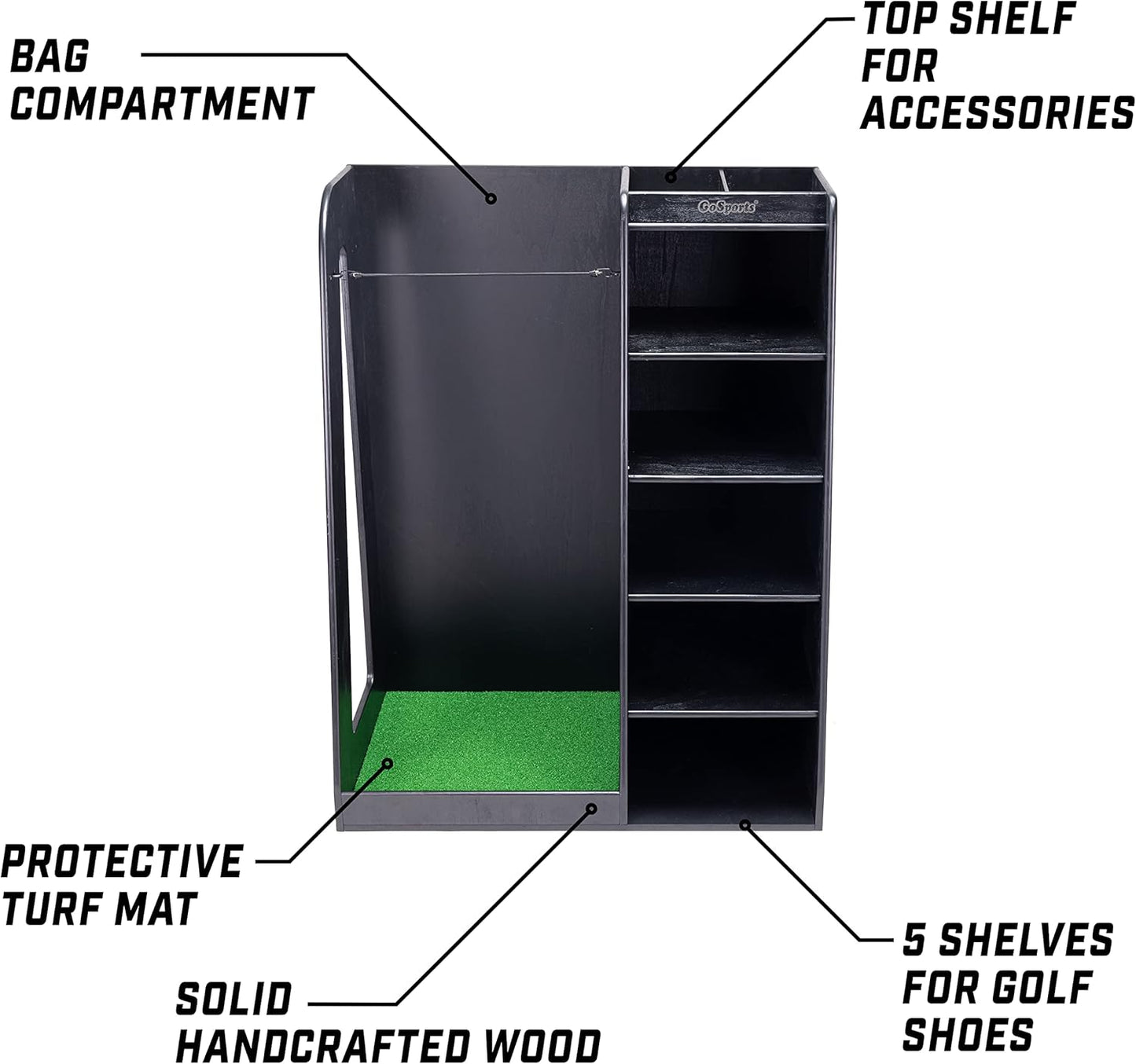 GoSports Premium Wooden Golf Bag Organizer and Storage Rack - Black, White or Brown Finish