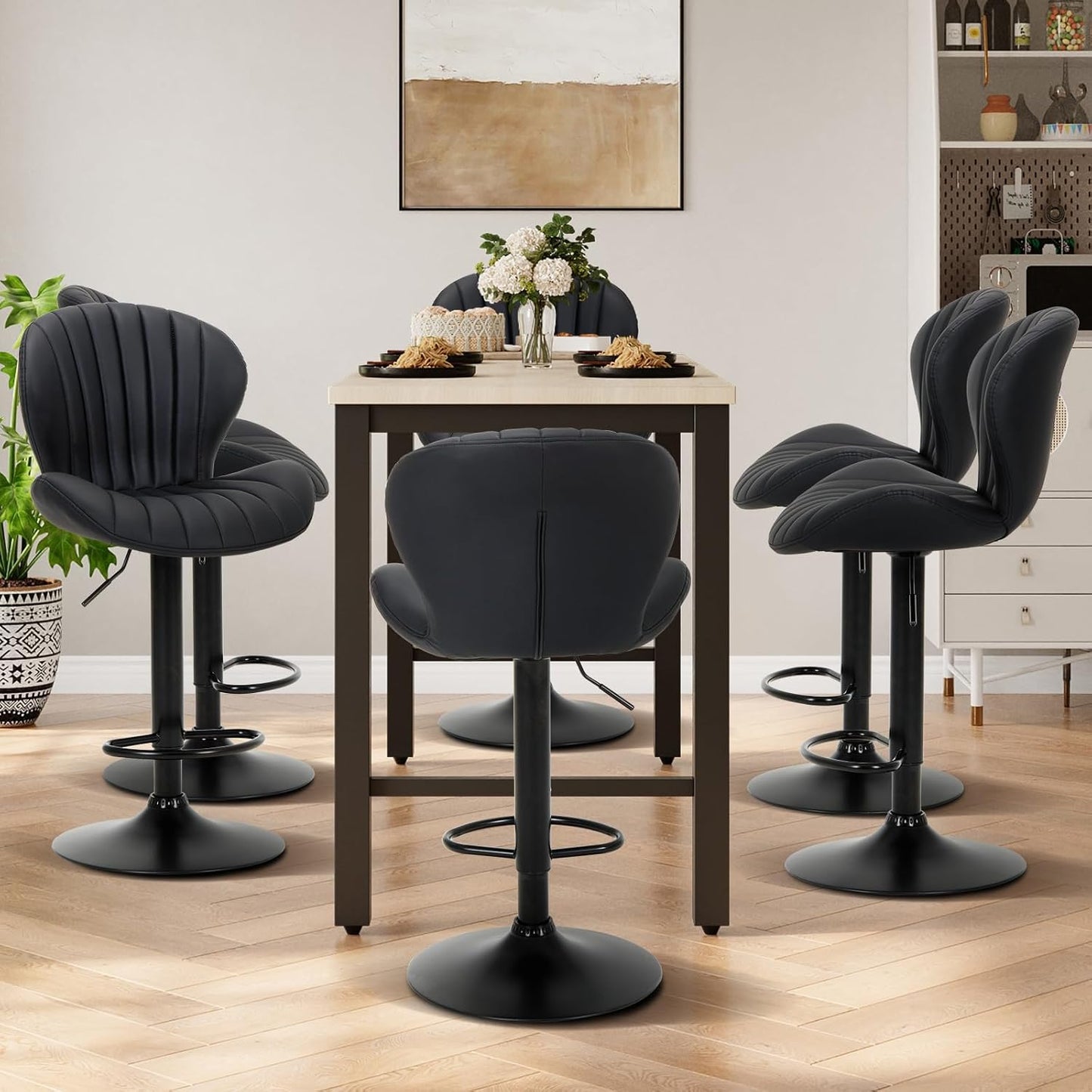 COLAMY Bar Stools Set of 1, Modern Swivel Bar Chairs, Adjustable Faux Leather Upholstered Barstools Counter Height with High Backrest for Bar, Kitchen Island, Dining Room, Black