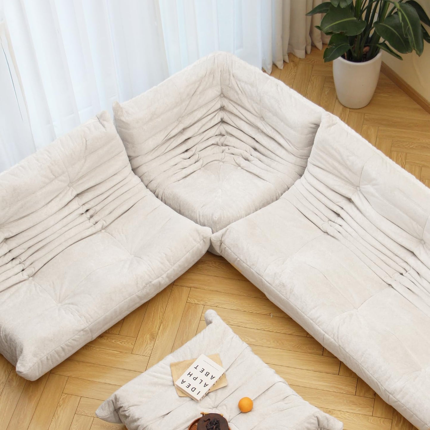 N&V Soft Premium Chenille Floor Lounge Chair, Mid Century Armless Floor Sofa, Foam Sofa Accent Chair for Living Room Bedroom and Office (White, Corner Chair)