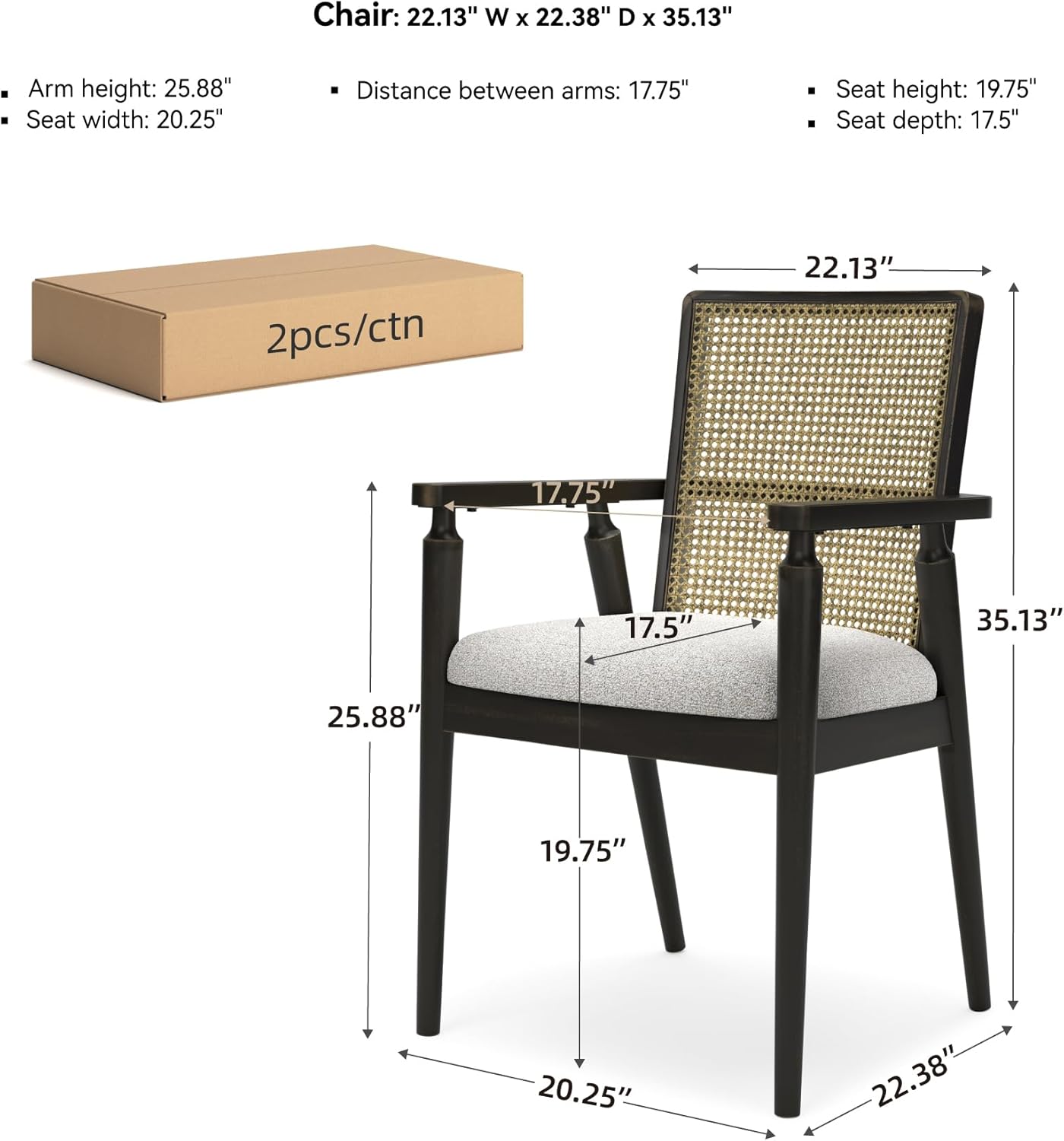 Signature Design by Ashley Galliden Rustic Solid Wood Upholstered Dining Arm Chair with Faux Cane Backrest, Set of 2, Light Brown & Black