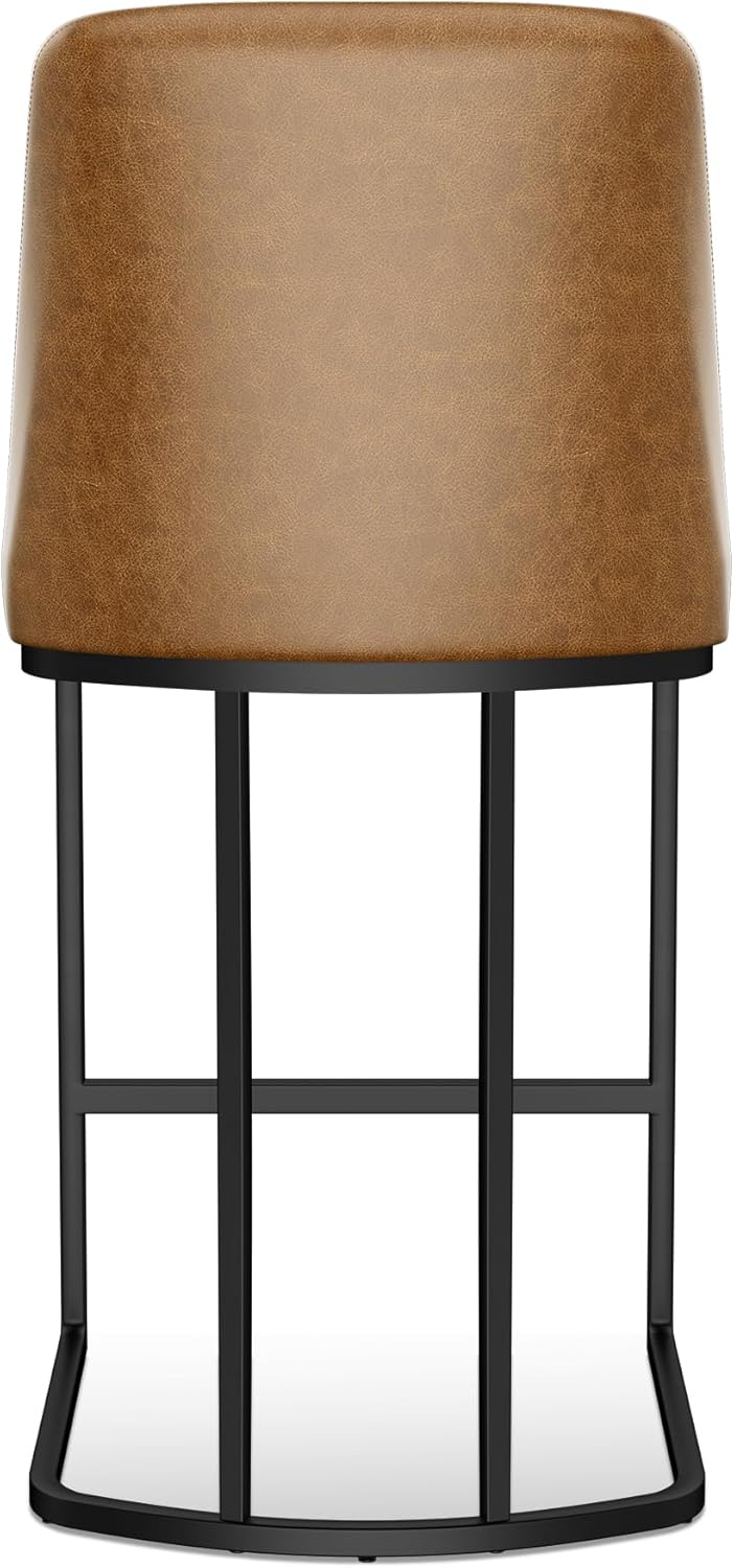 Counter Height Bar Stools Set of 6, Upholstered Leather Barrel Barstools with Back and Metal Legs for Kitchen Island, 27.4" Seat Height, Fabric in Faux Leather, Rustic Brown